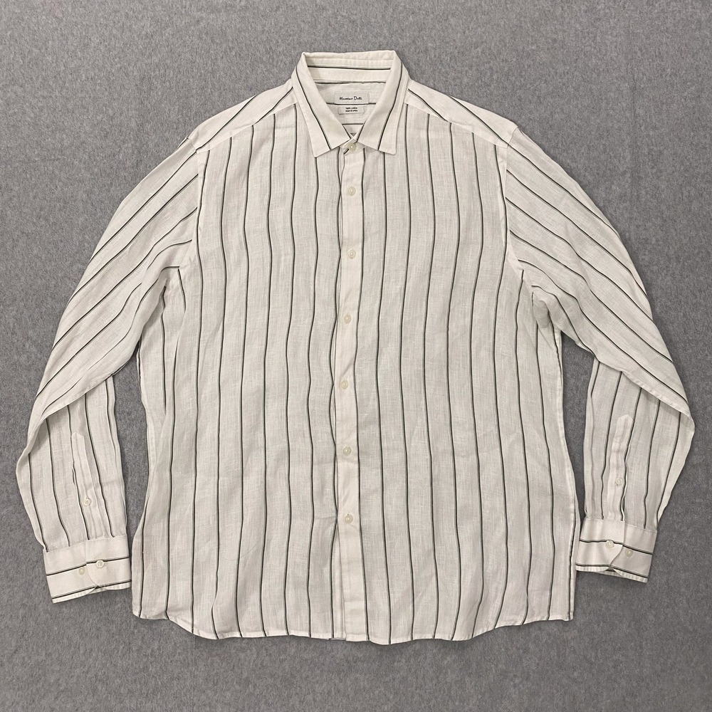 Massimo Dutti Shirt Mens XL White Green Striped 100% Linen Long Sleeve Button Up